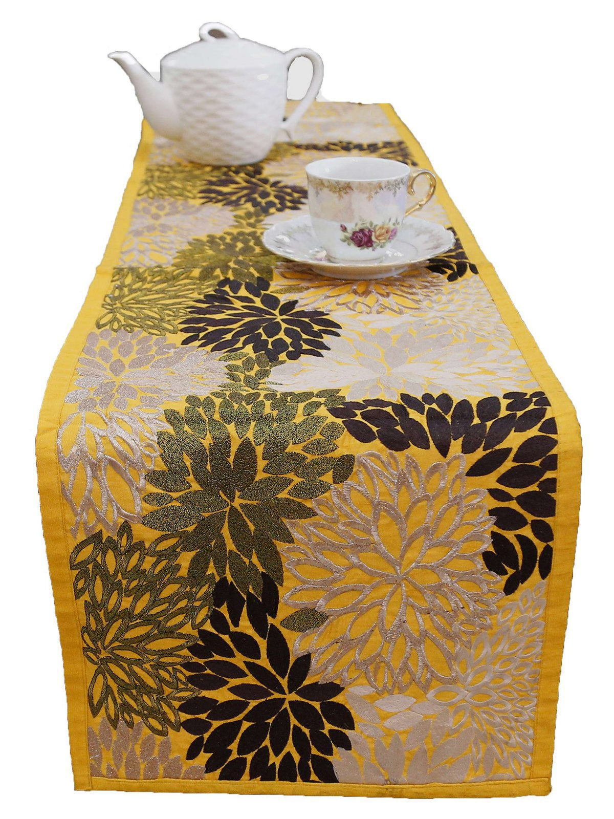 Yellow Embroidered Dupion Silk Table Runner 13 X 90 inch front view