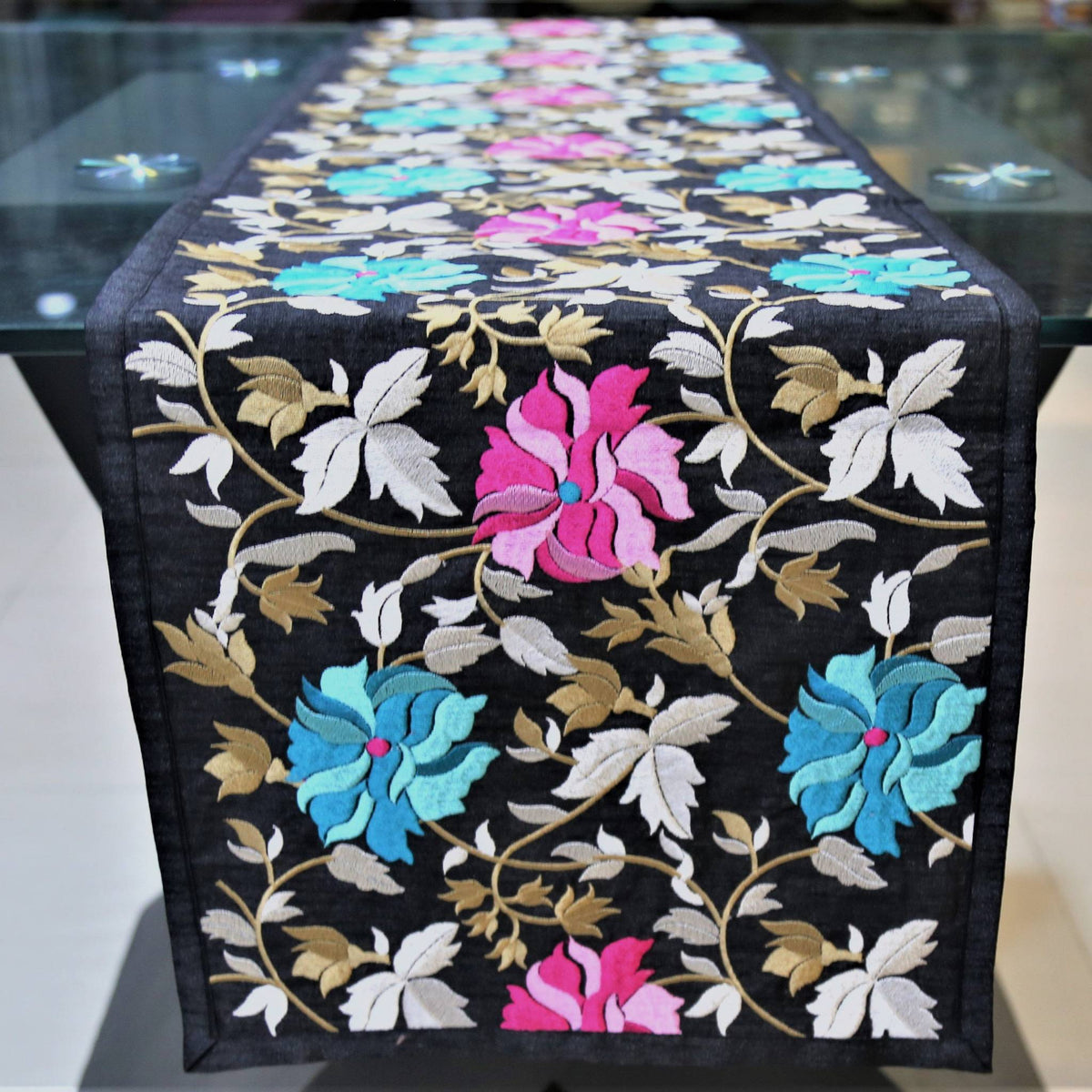 Purple Embroidered Dupion Silk Table Runner 13 X 90 inch front view