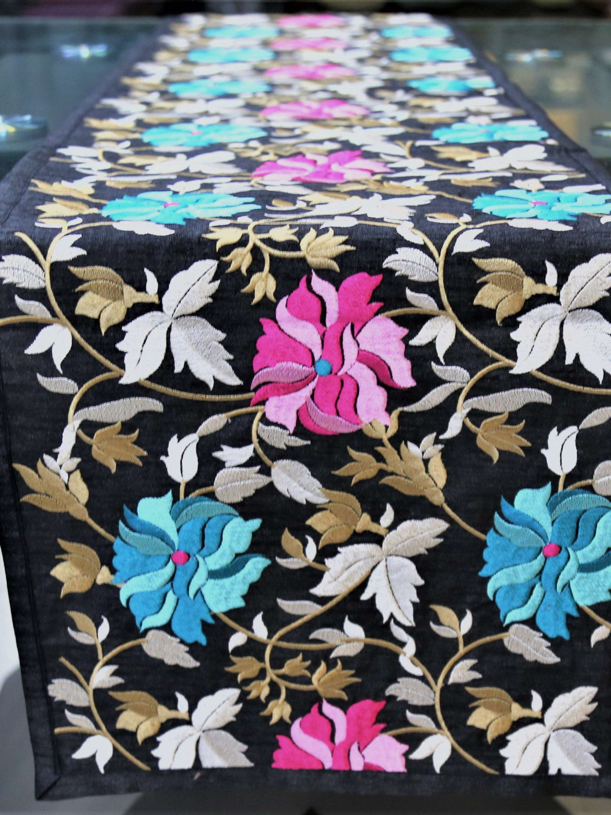 Purple Embroidered Dupion Silk Table Runner 13 X 90 inch front view