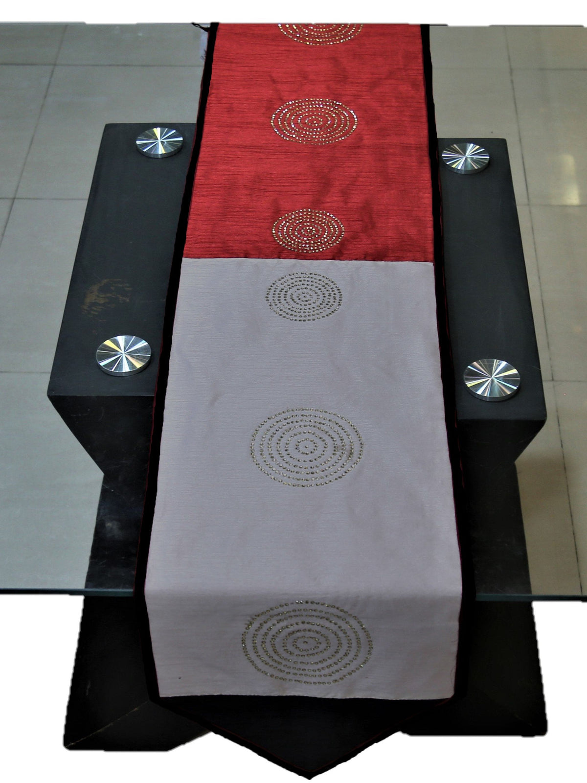 Green Sequin Work Dupion Silk Table Runner 14x108 inch front view