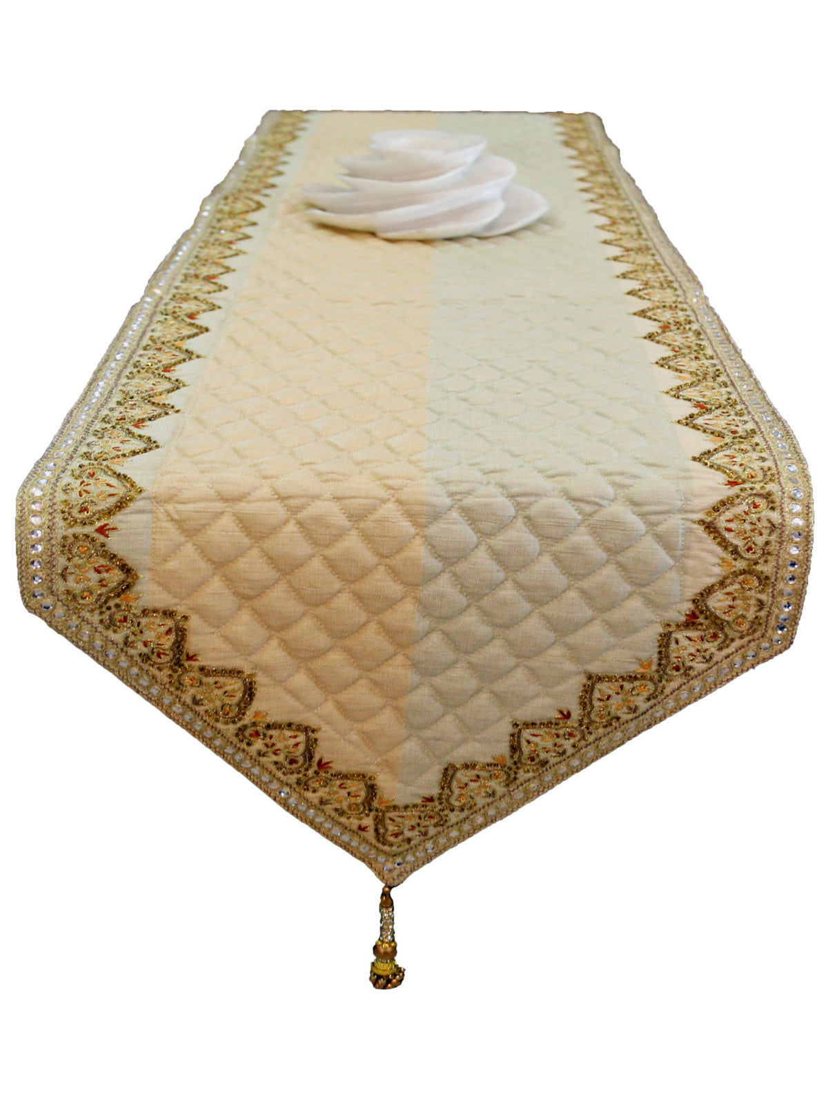 Green Sequin Work Dupion Silk Table Runner 14 X 90 inch front view