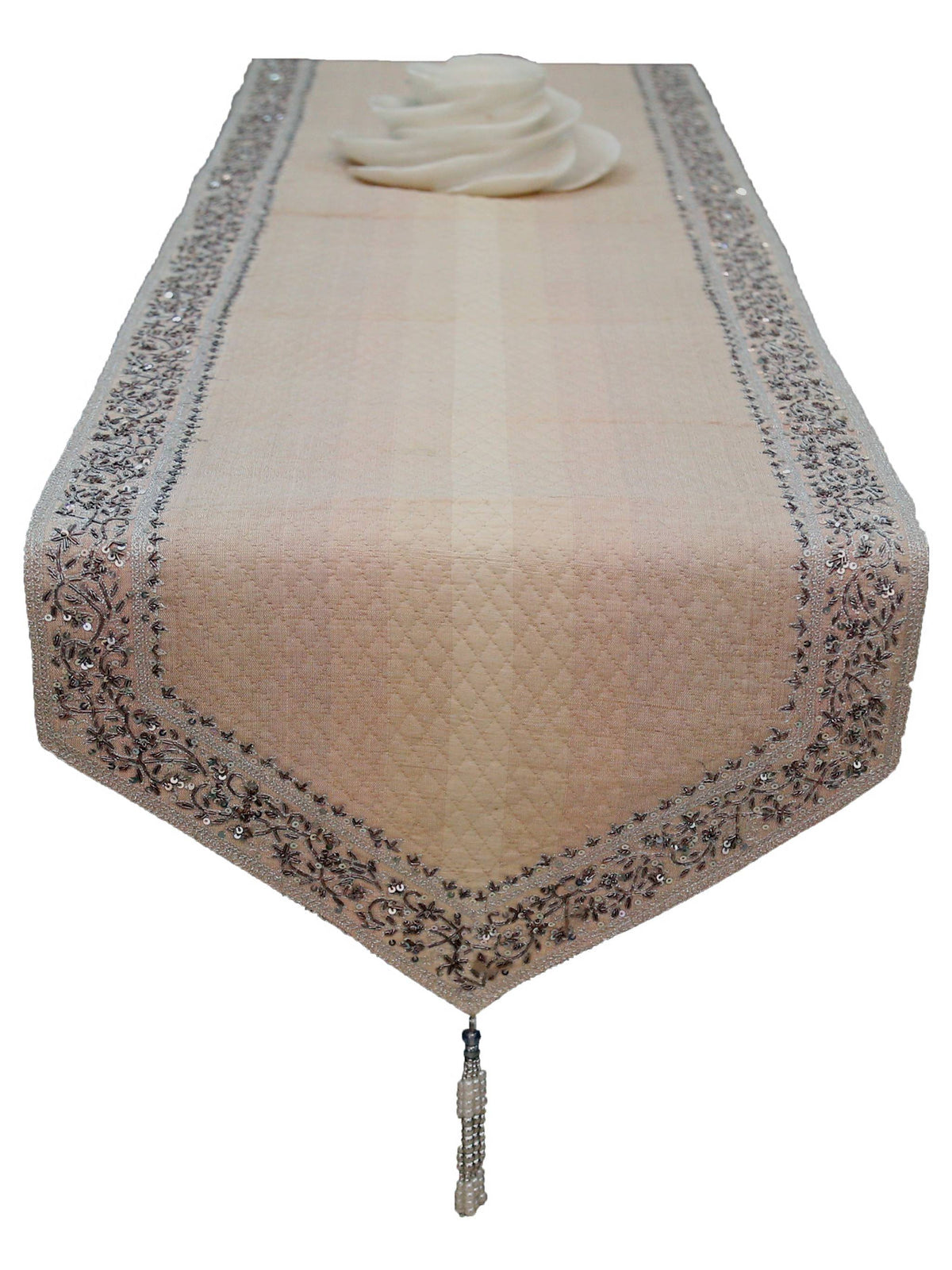 Beige Sequin Work Dupion Silk Table Runner 14 X 90 inch front view