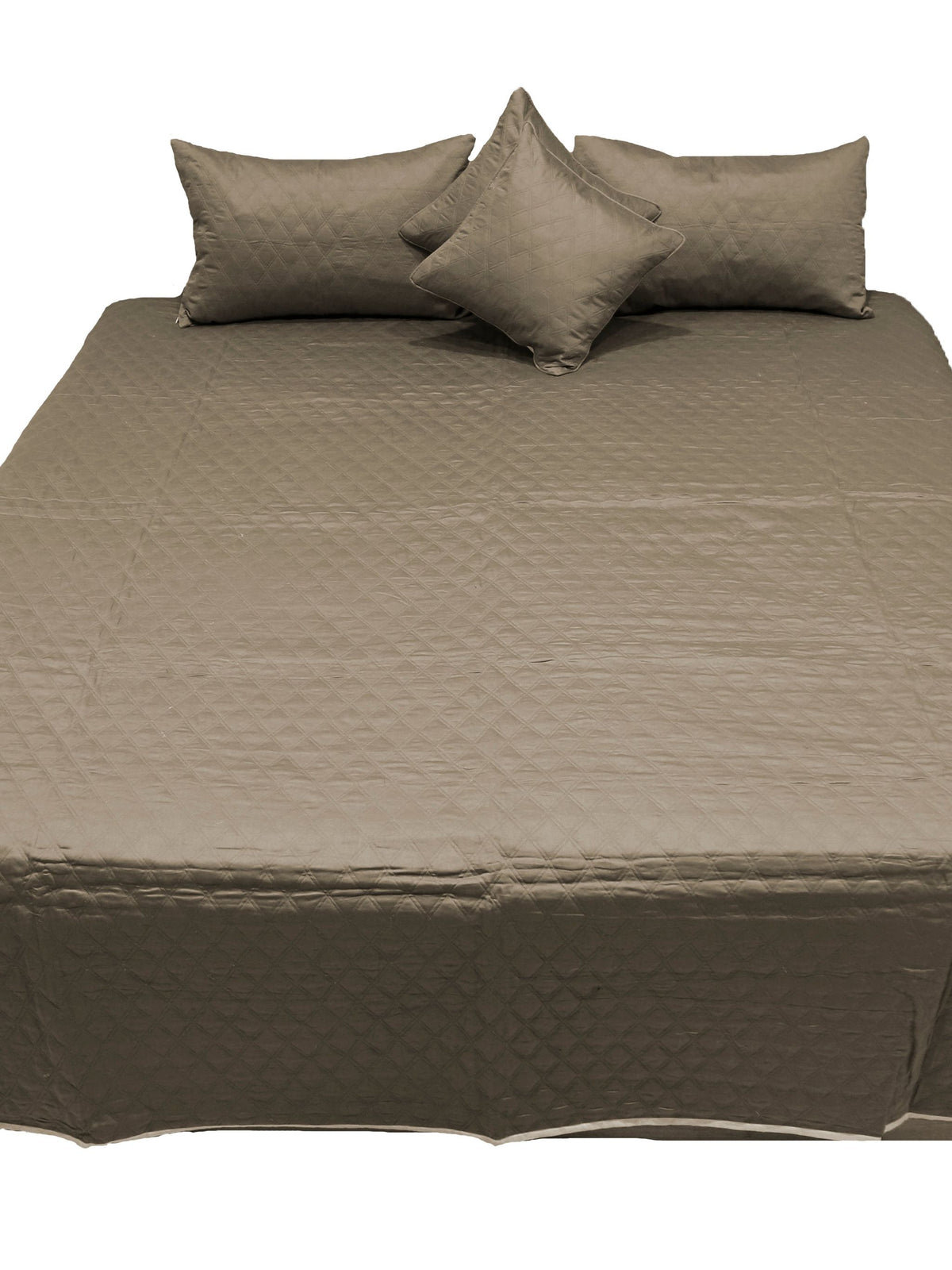 Olive taupe diamond quilted bedcover flat view with three matching covers