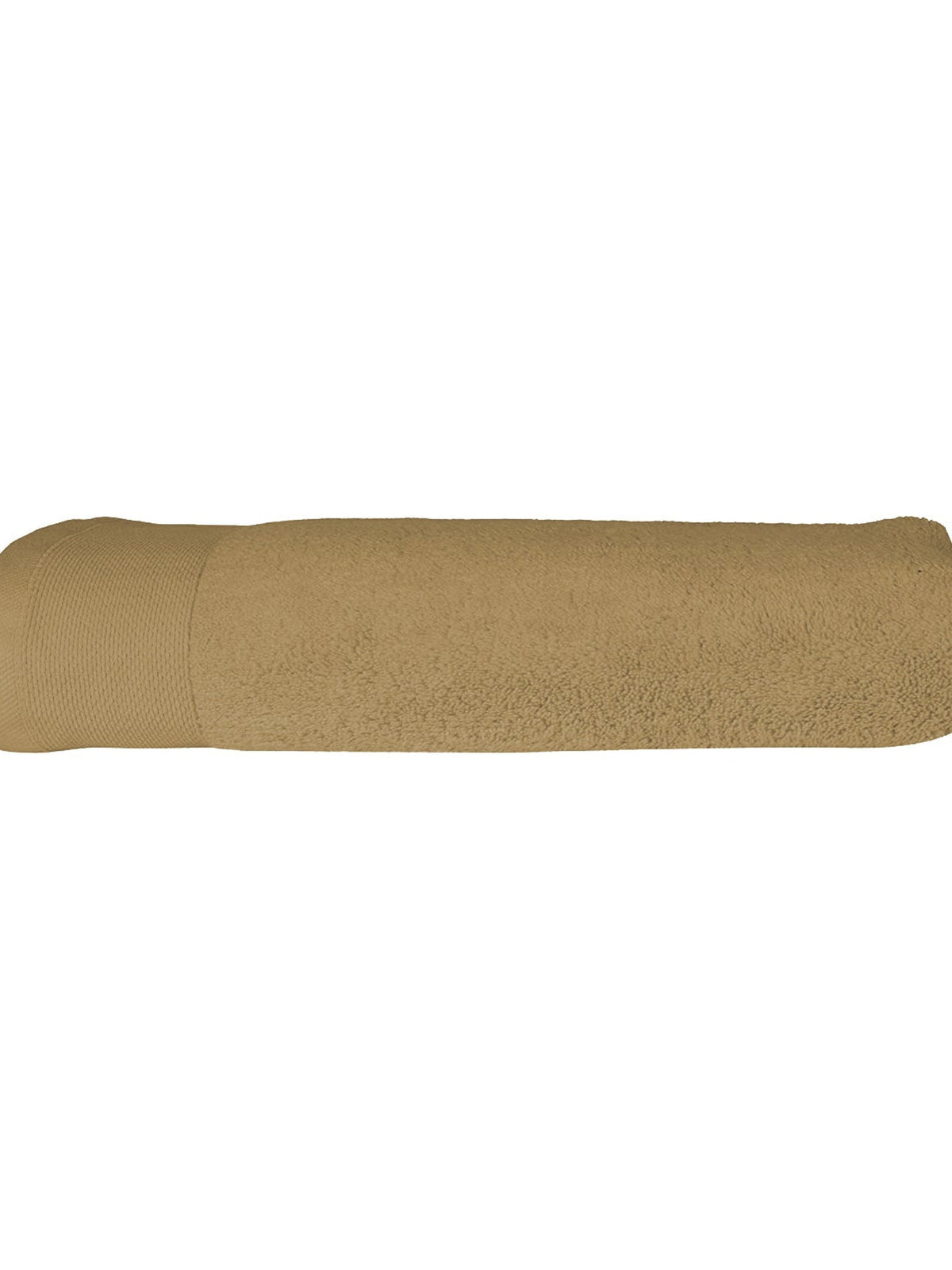 Beige Micro Cotton Lea Blanc bath towel rolled, close-up view of the woven border