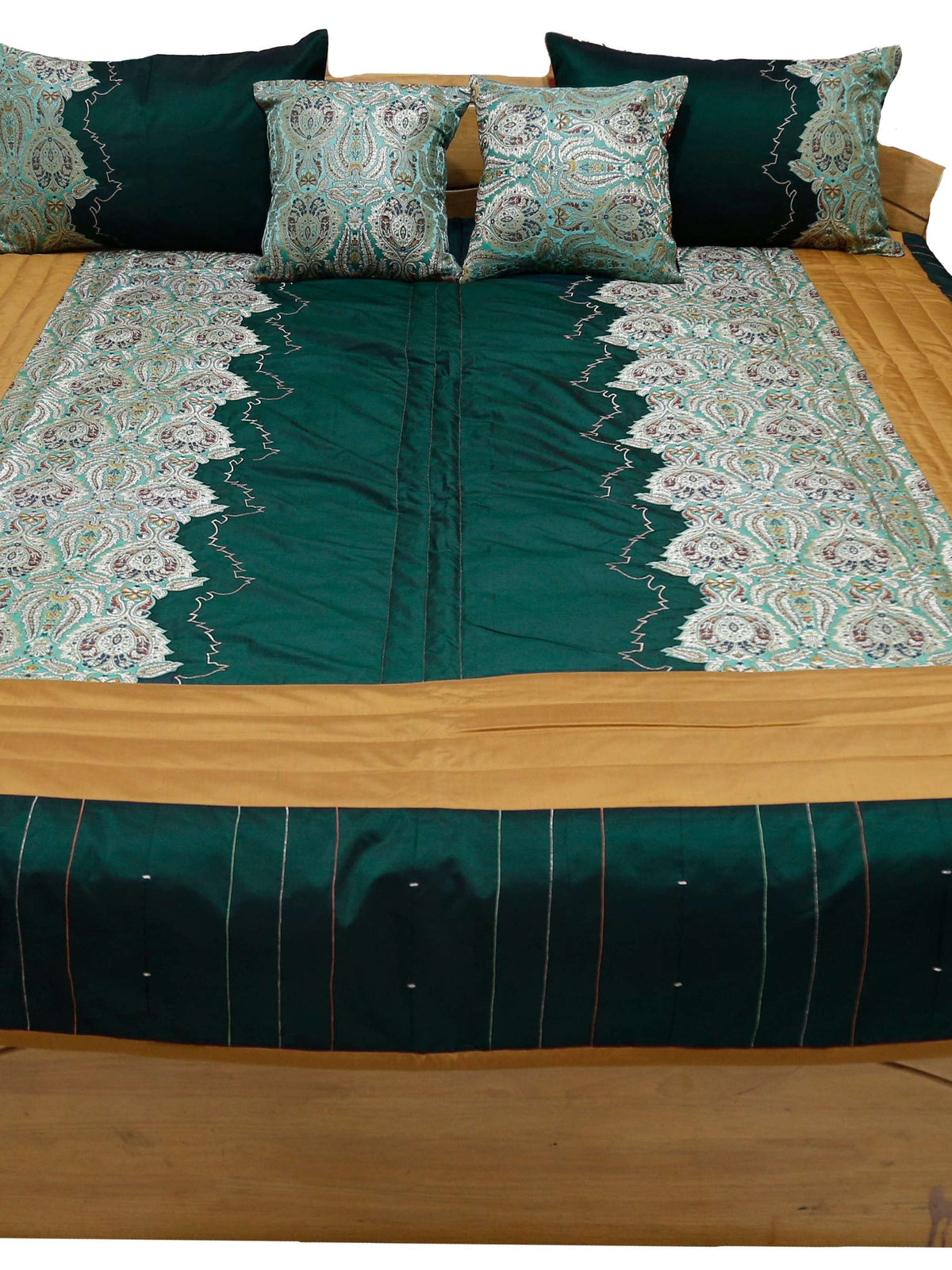 Teal and gold bedcover flat view with paisley brocade pillow and cushion covers