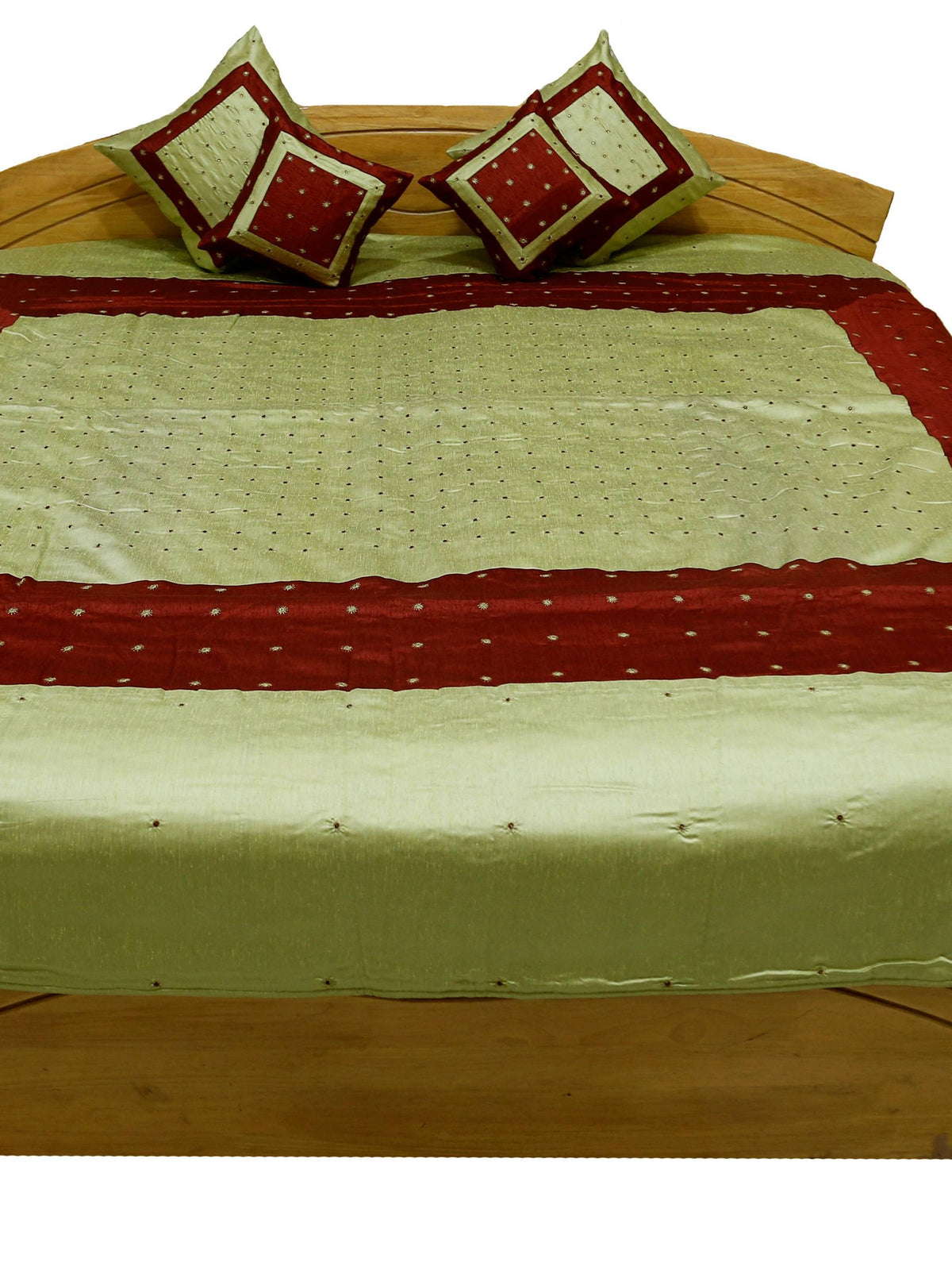 Pistachio and maroon bedcover flat view with two mirror work cushion covers