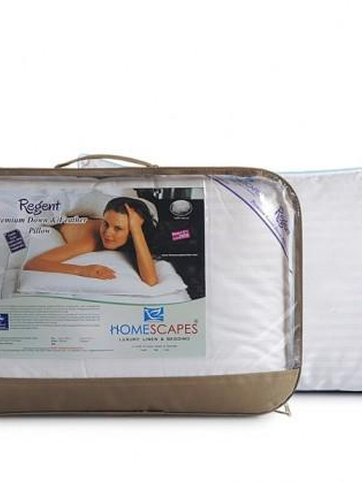 Homescapes Regent down and feather pillow beside its zipped carry bag