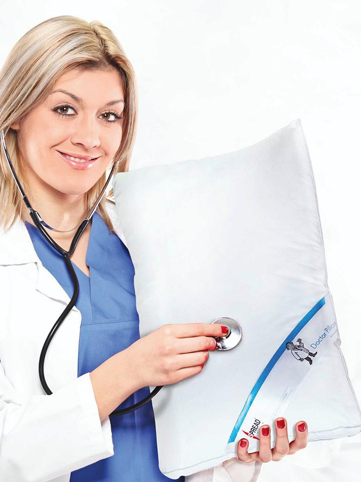 Doctor in a white coat holding a Spread Doctor Pillow with a stethoscope