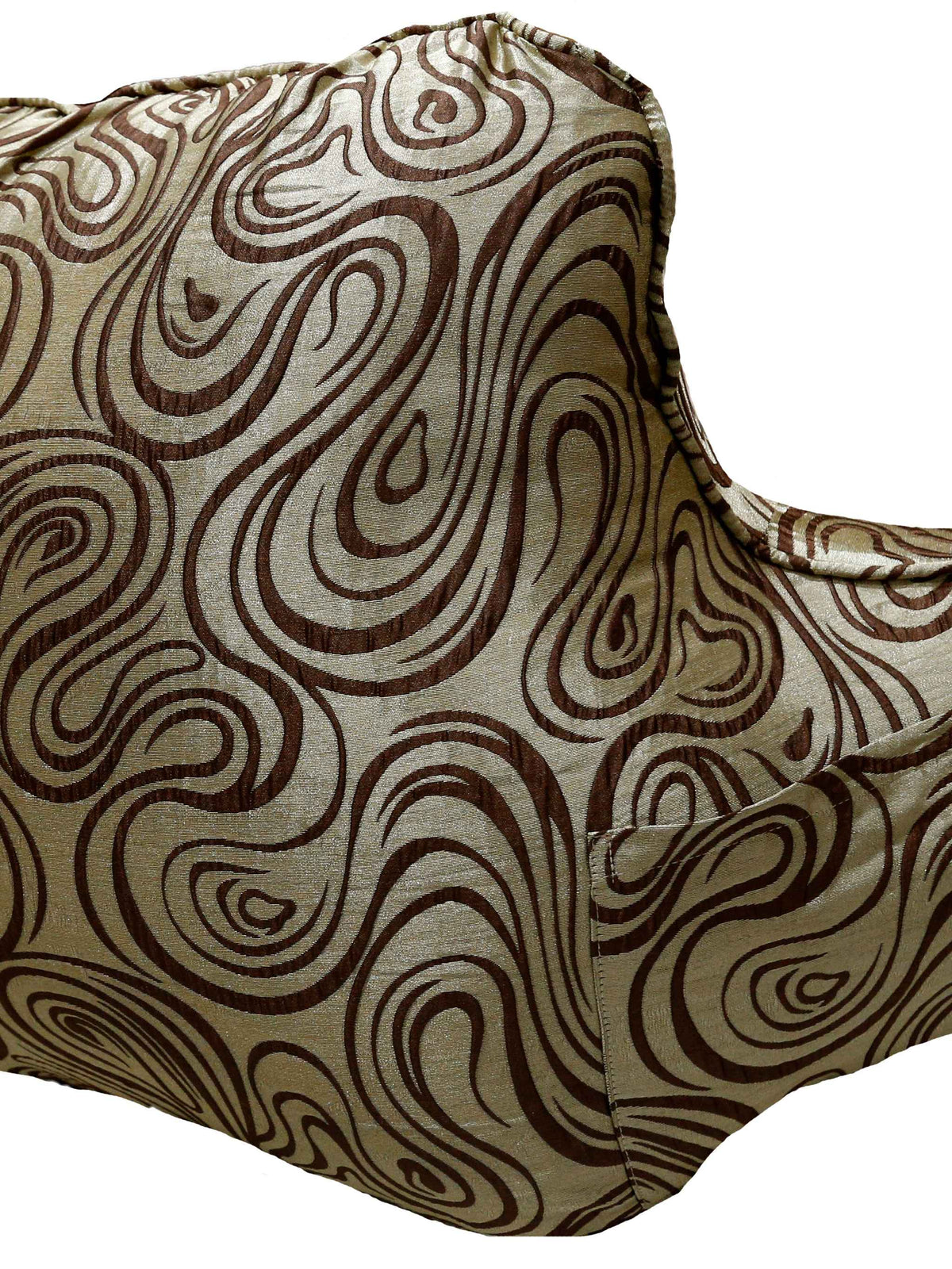 Same gold and brown swirl-print bedrest cushion, side angle showing the armrests