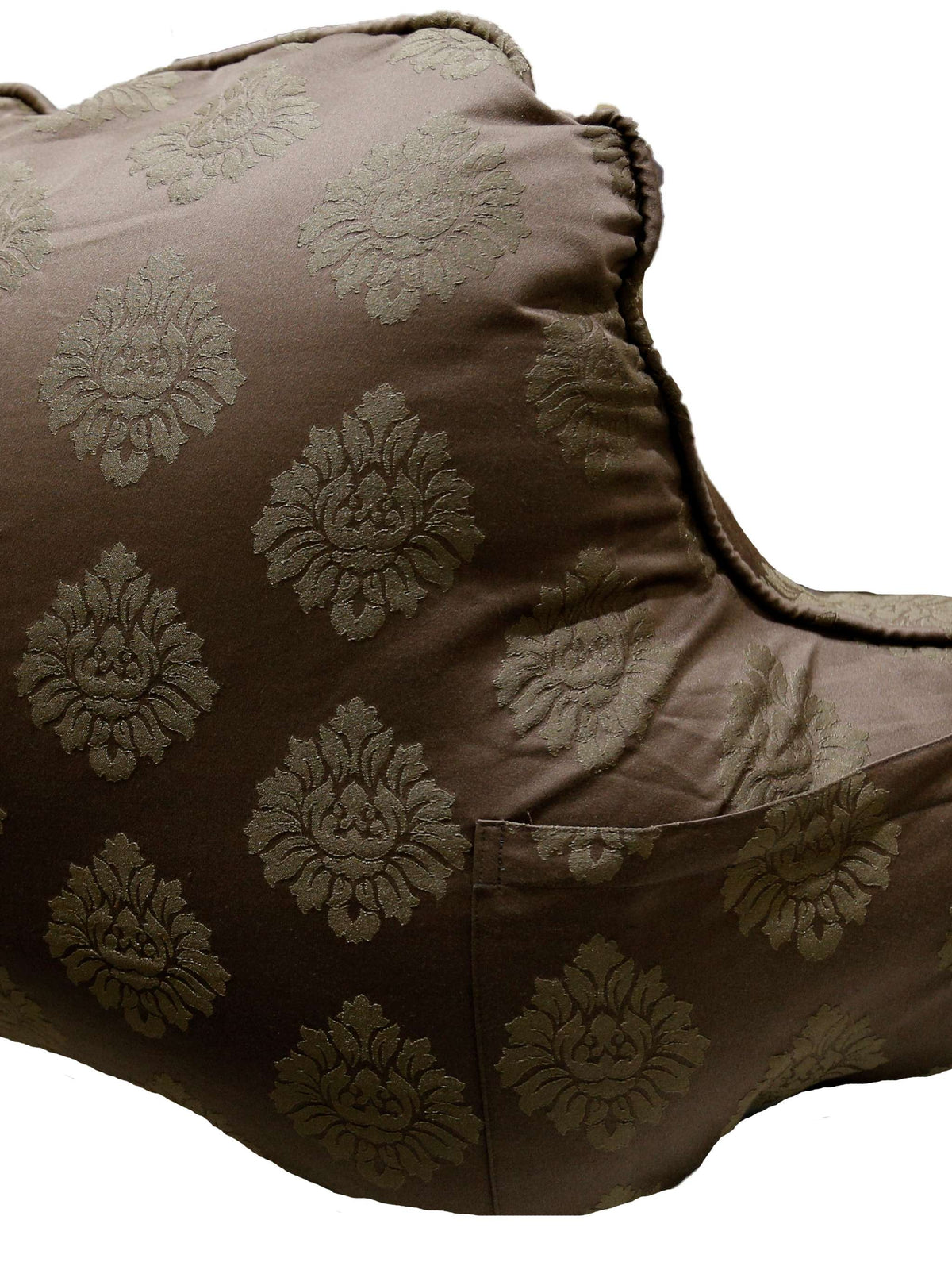 Same brown damask bedrest cushion, side angle showing the armrests