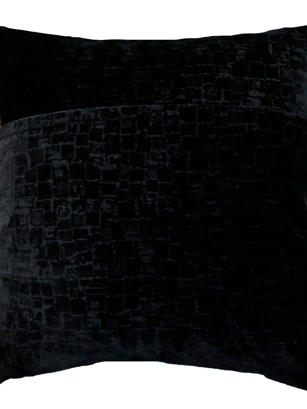 Plain black textured velvet reverse with an embossed square pattern, concealed zip