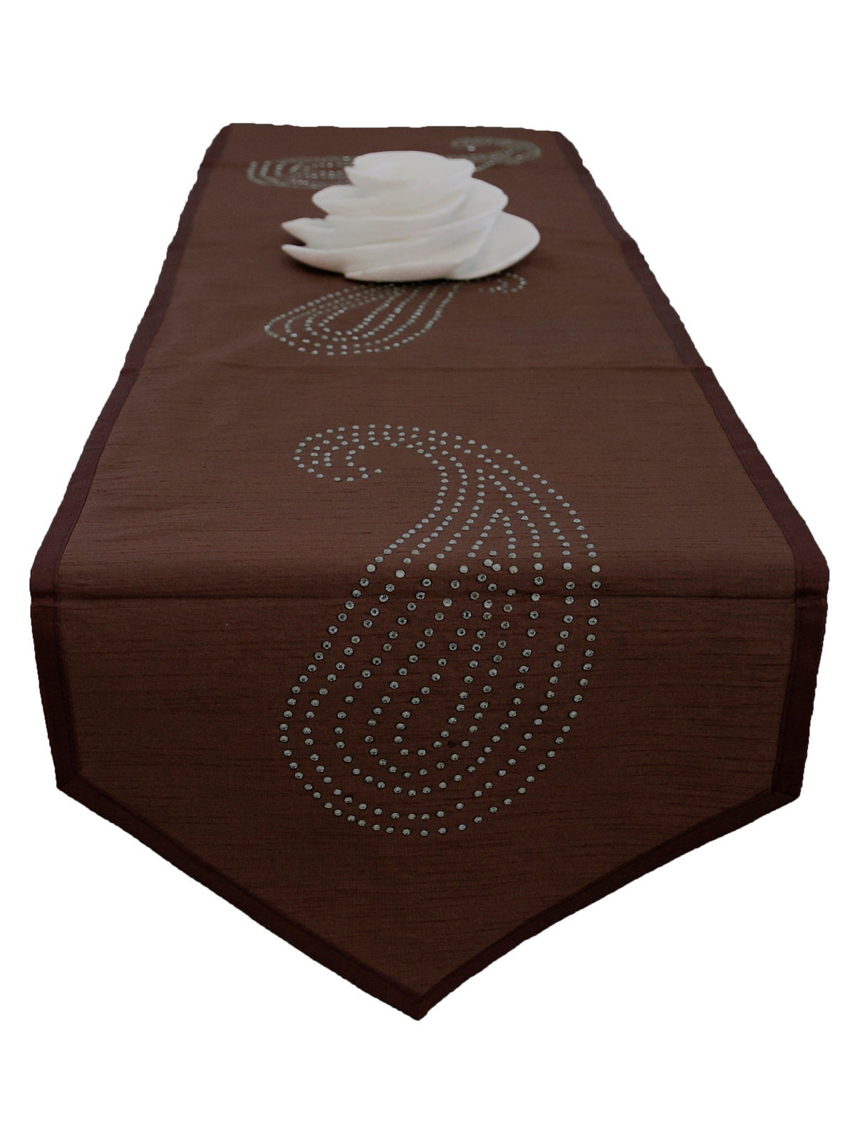 Brown Sequin Work Dupion Silk Table Runner 14x108 inch front view