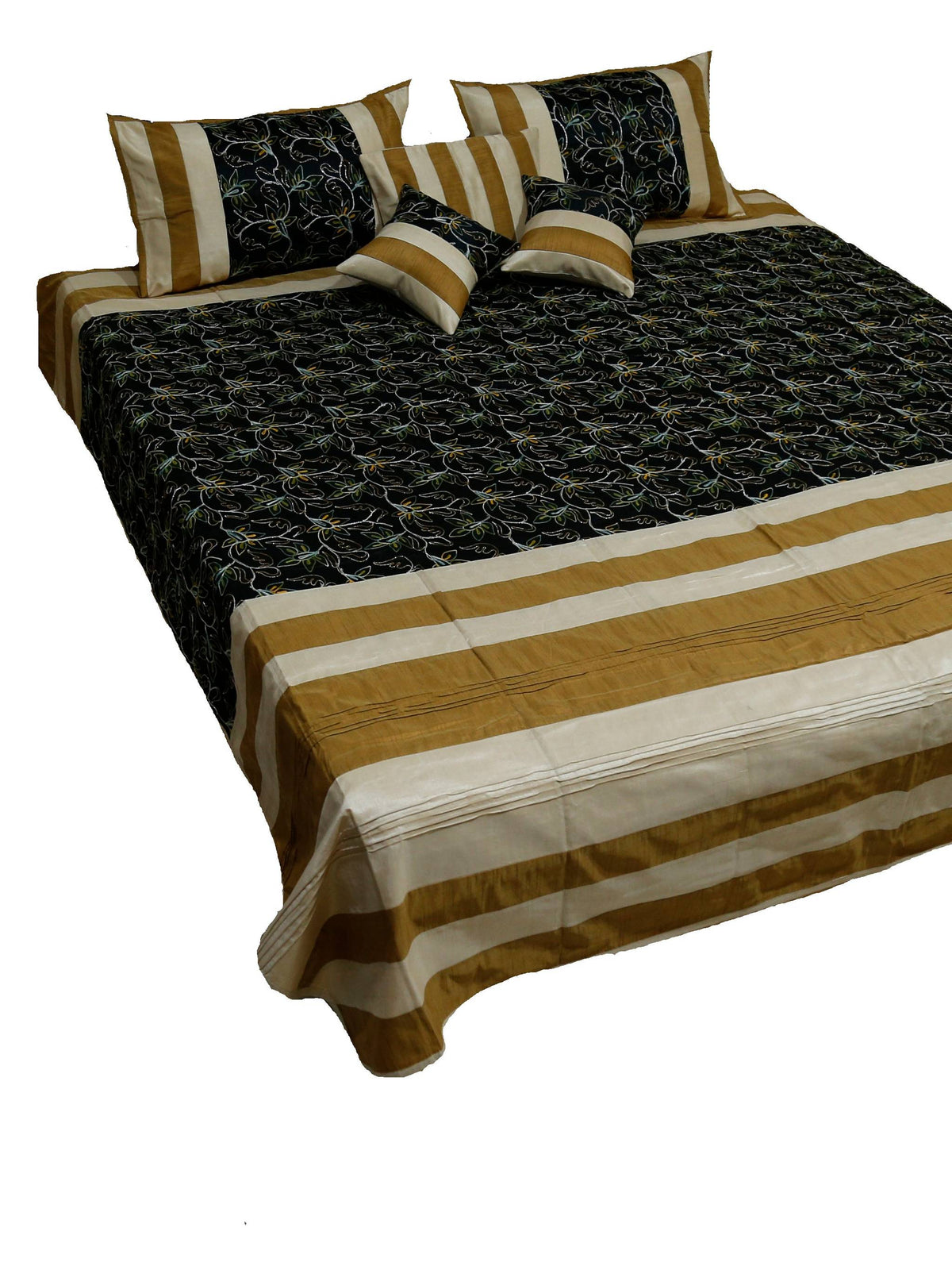 Black and gold banded aari embroidery bedcover made up on a double bed