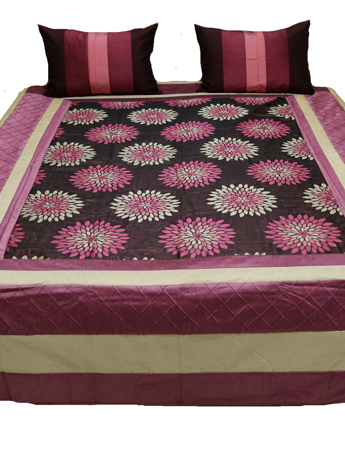Wine bedcover with pink lotus medallion panel and striped cushion covers, straight view