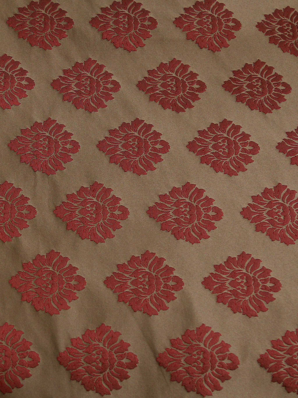 Beige polysilk jacquard upholstery fabric with red damask motifs