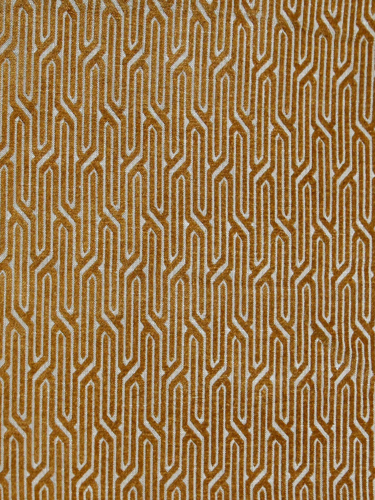 Turbo chenille jacquard upholstery fabric swatch in fawn and gold fret pattern