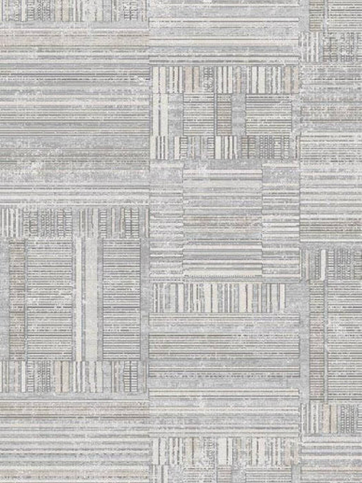 Vogue Bellagio rug in grey linear patchwork blocks, top-down view