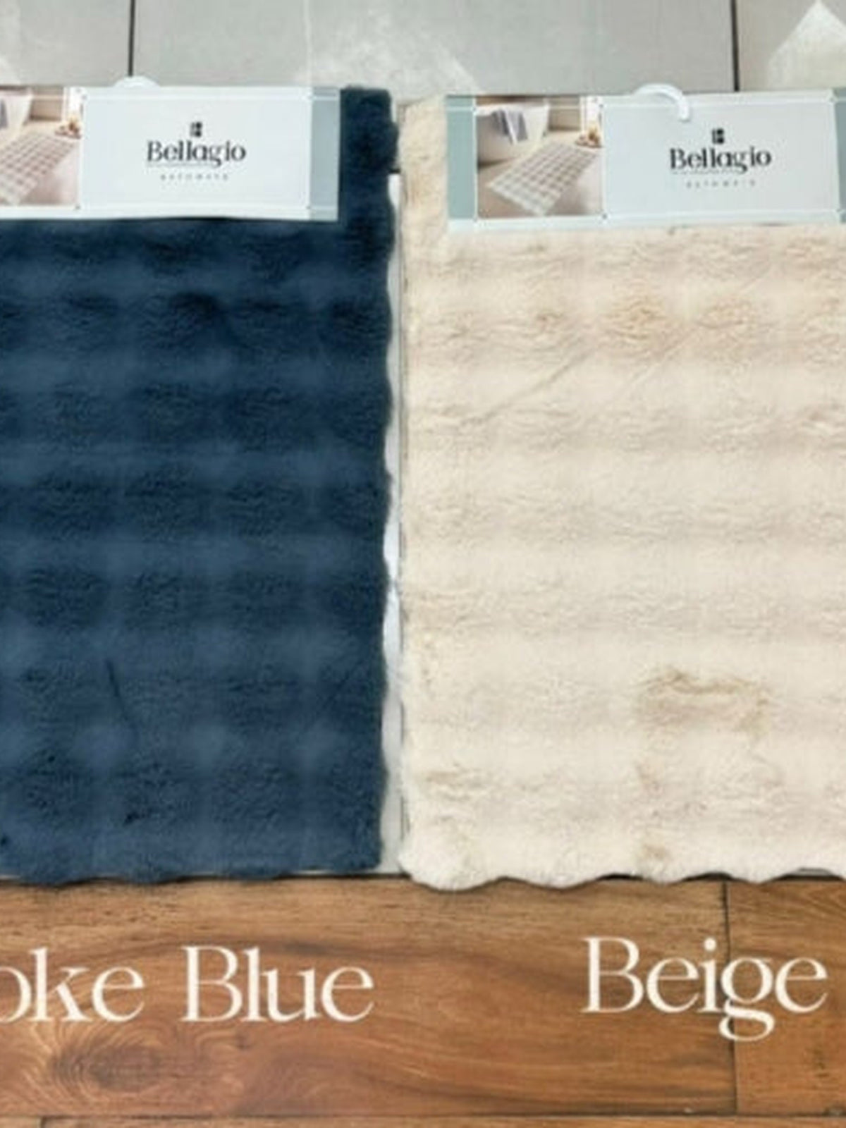 Bellagio bubble-texture bath mats in Smoke Blue and Beige, still packaged