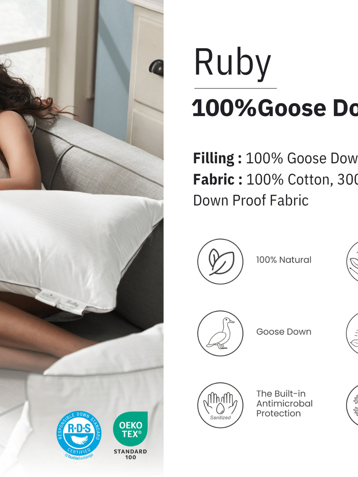 Ruby 100% goose down pillow spec card: down fill and 300TC down-proof cotton casing