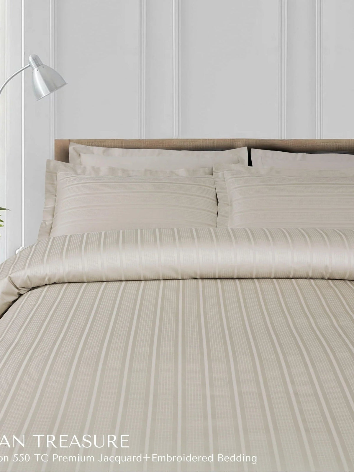 Sand beige satin-stripe jacquard bedding made up on a bed, Tuscan Treasure 550TC