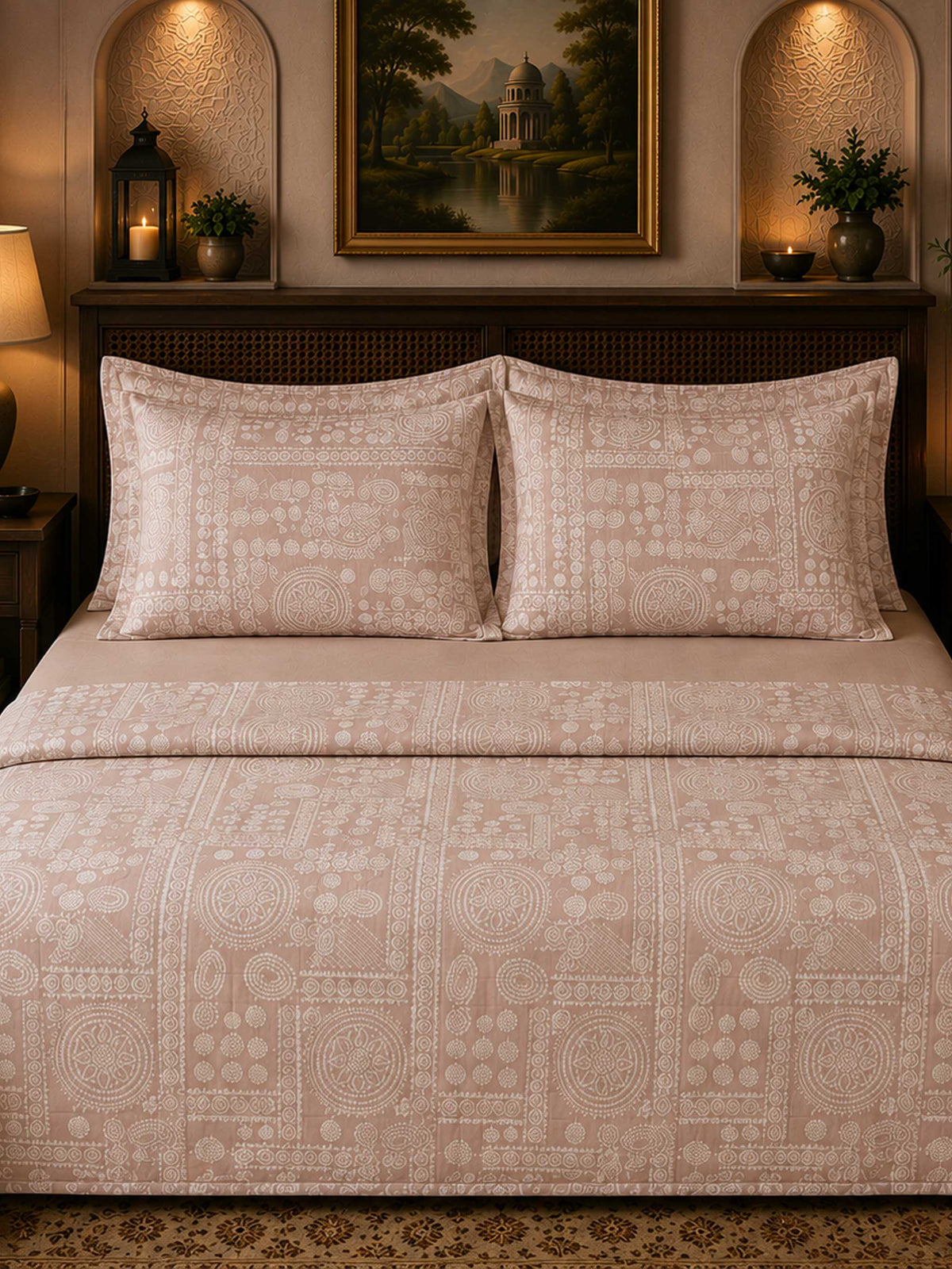 Bandhani pink traditional printed cotton bedcover set with pillow covers