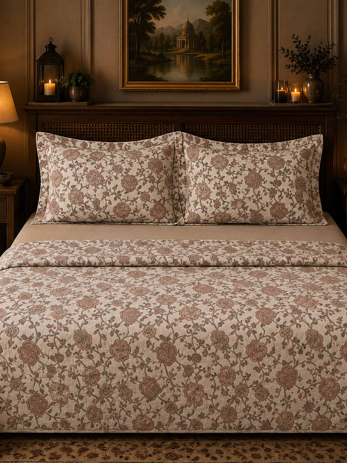 Serigate Floral Printed 3 Pcs Cotton King Size Bedcover Set