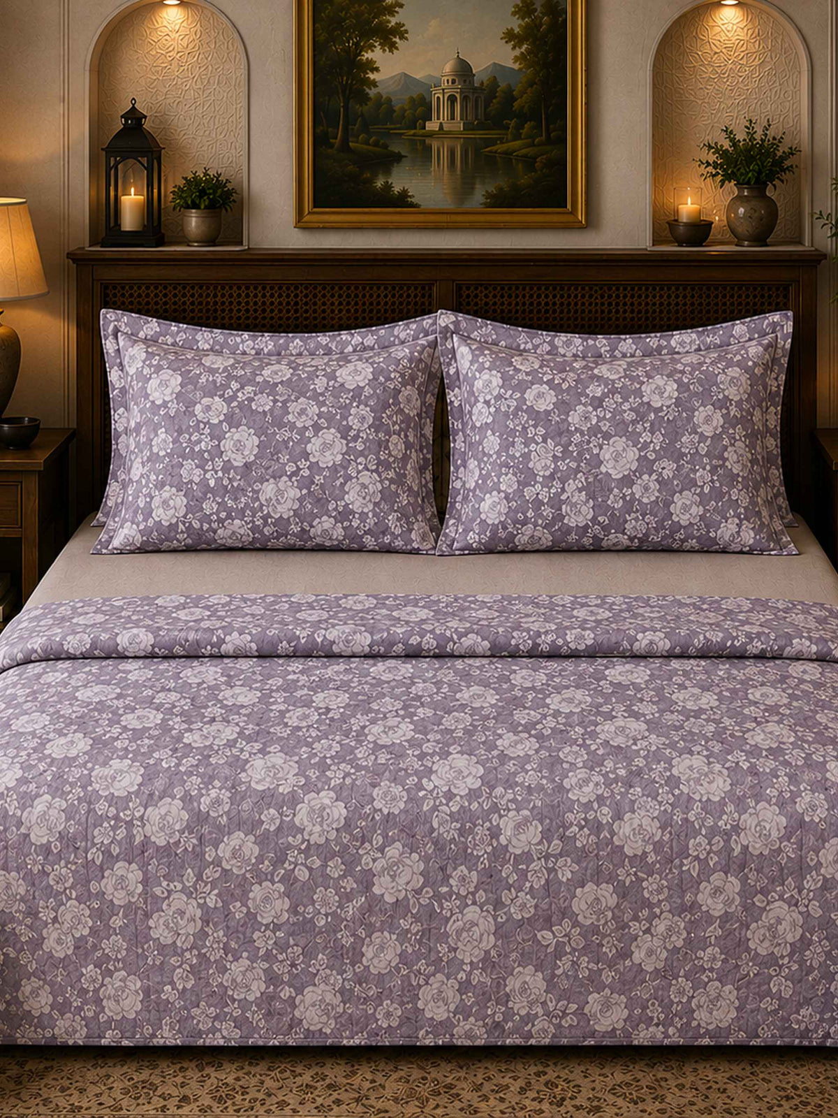 Mauve grey floral print cotton bedcover set with two matching pillow covers