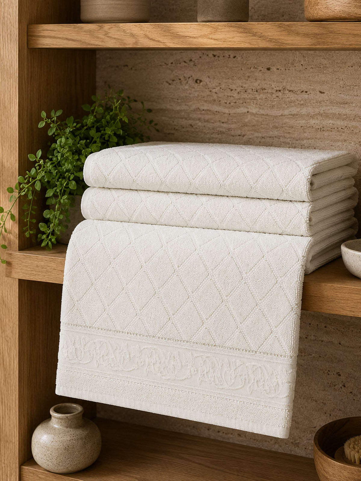 White cotton bath towel with diamond texture and jacquard floral border displayed on a modern bathroom vanity.