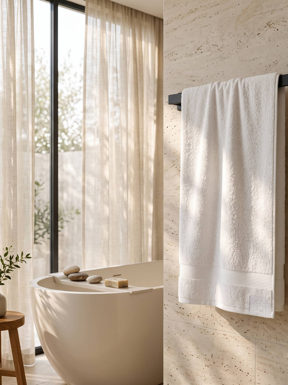 White cotton bath towel on a rail beside a stone bath in daylight