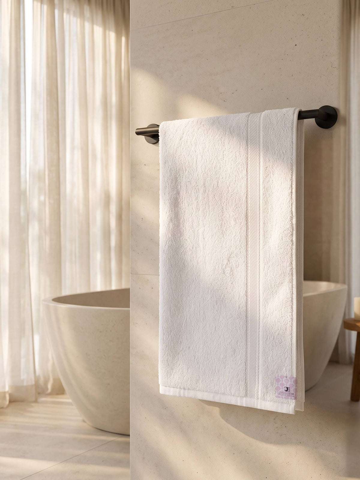 White cotton bath towel with double woven herringbone border displayed flat