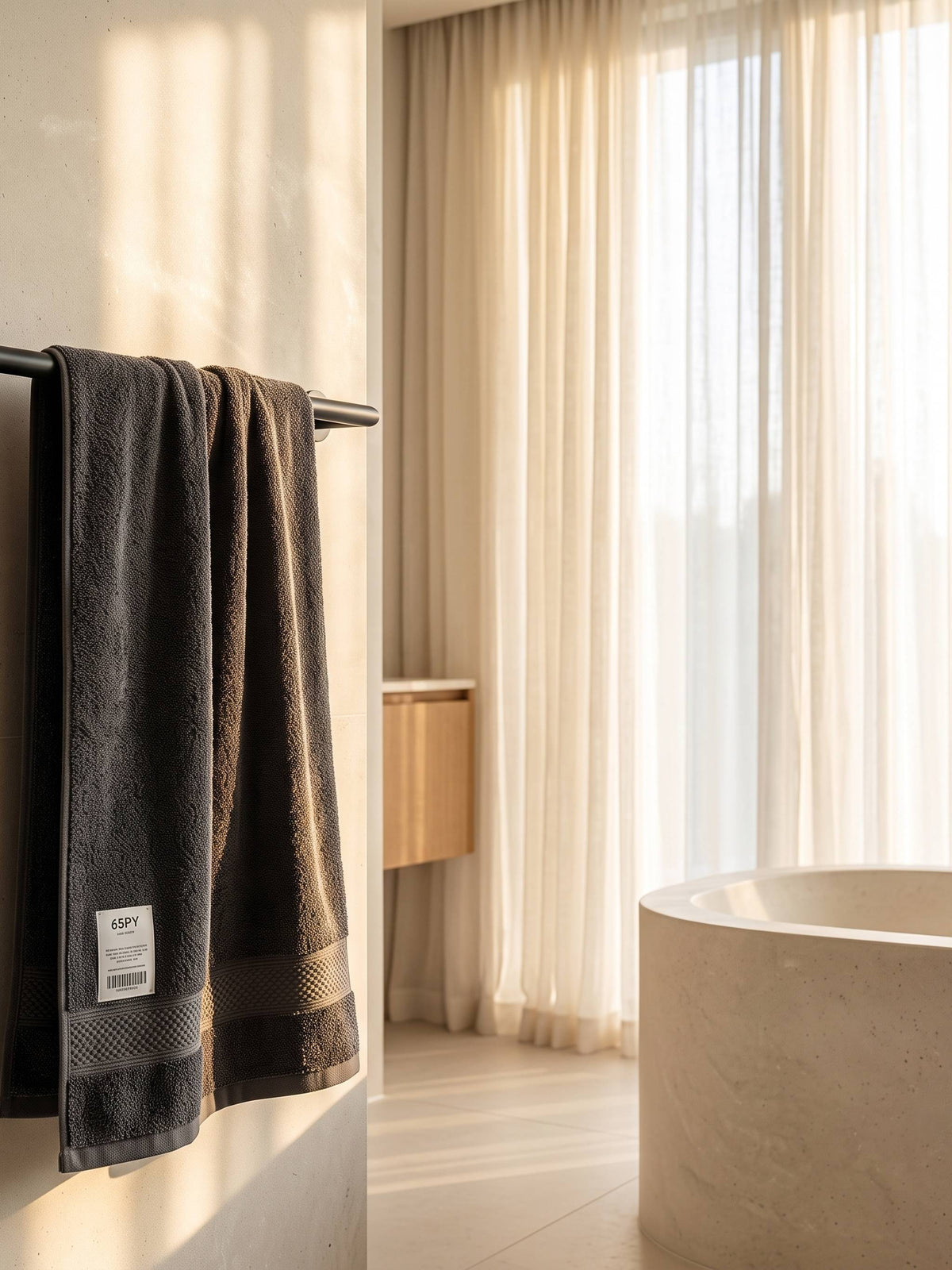 Charcoal cotton bath towel on a rail in a sunlit bathroom with a stone bath