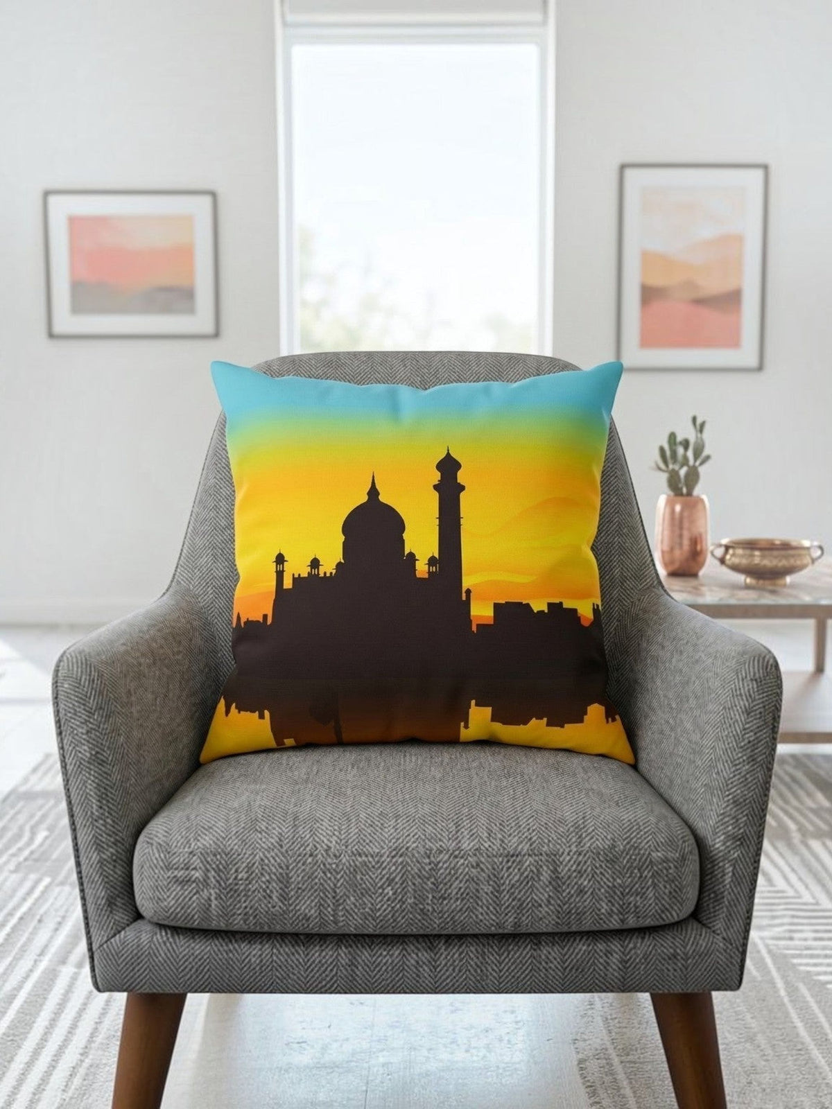 Pink reversible polysilk cushion cover with From India With Love graphic print and solid pink reverse side