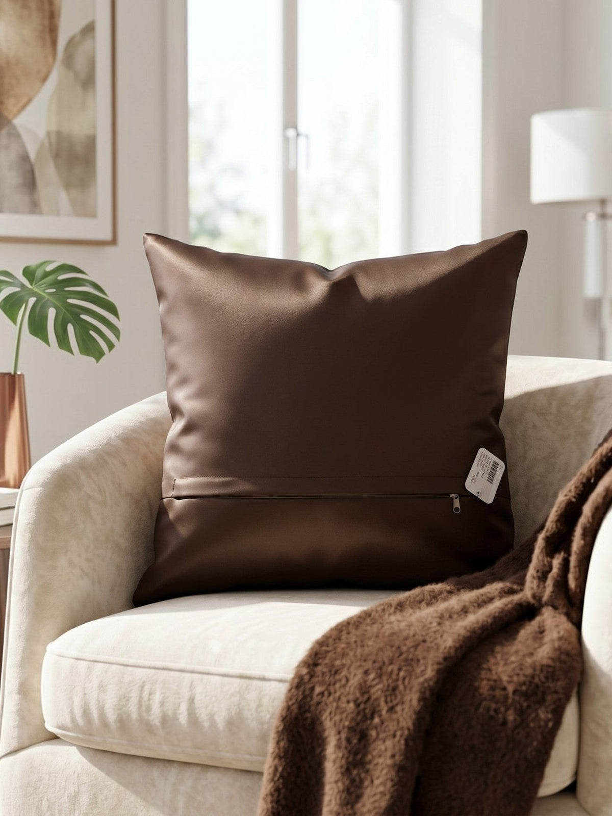 Smooth dark brown satin cushion cover on a cream armchair with a brown throw