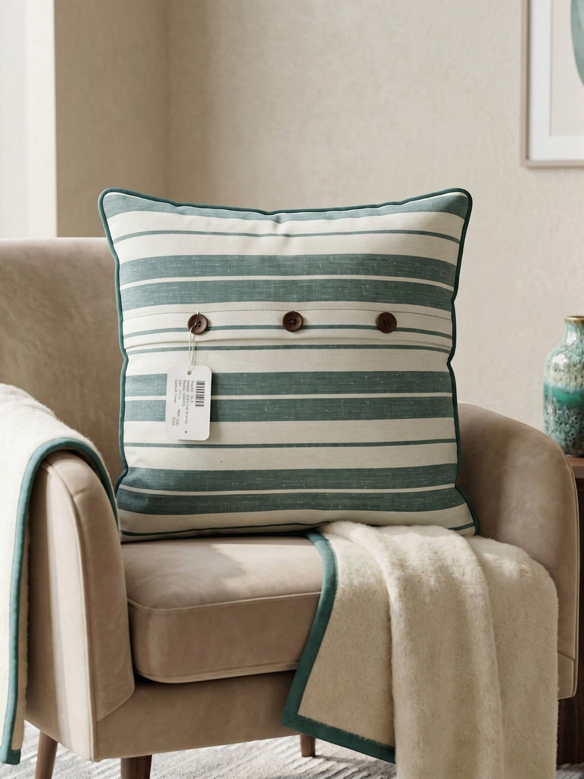 Green and white striped cotton cushion cover with contrast piping displayed on a beige accent chair