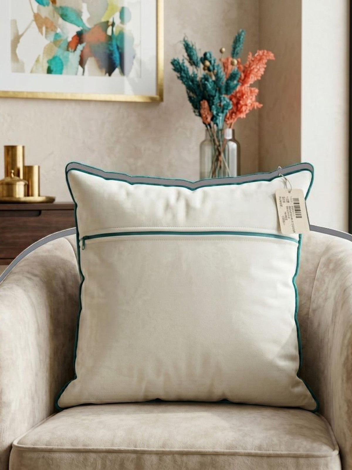 Back view of cotton cushion cover with concealed zipper closure and contrast piping detail