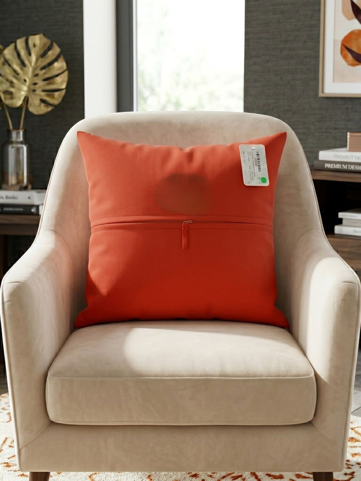 Back view of orange polysilk cushion cover with solid color finish and concealed zipper closure