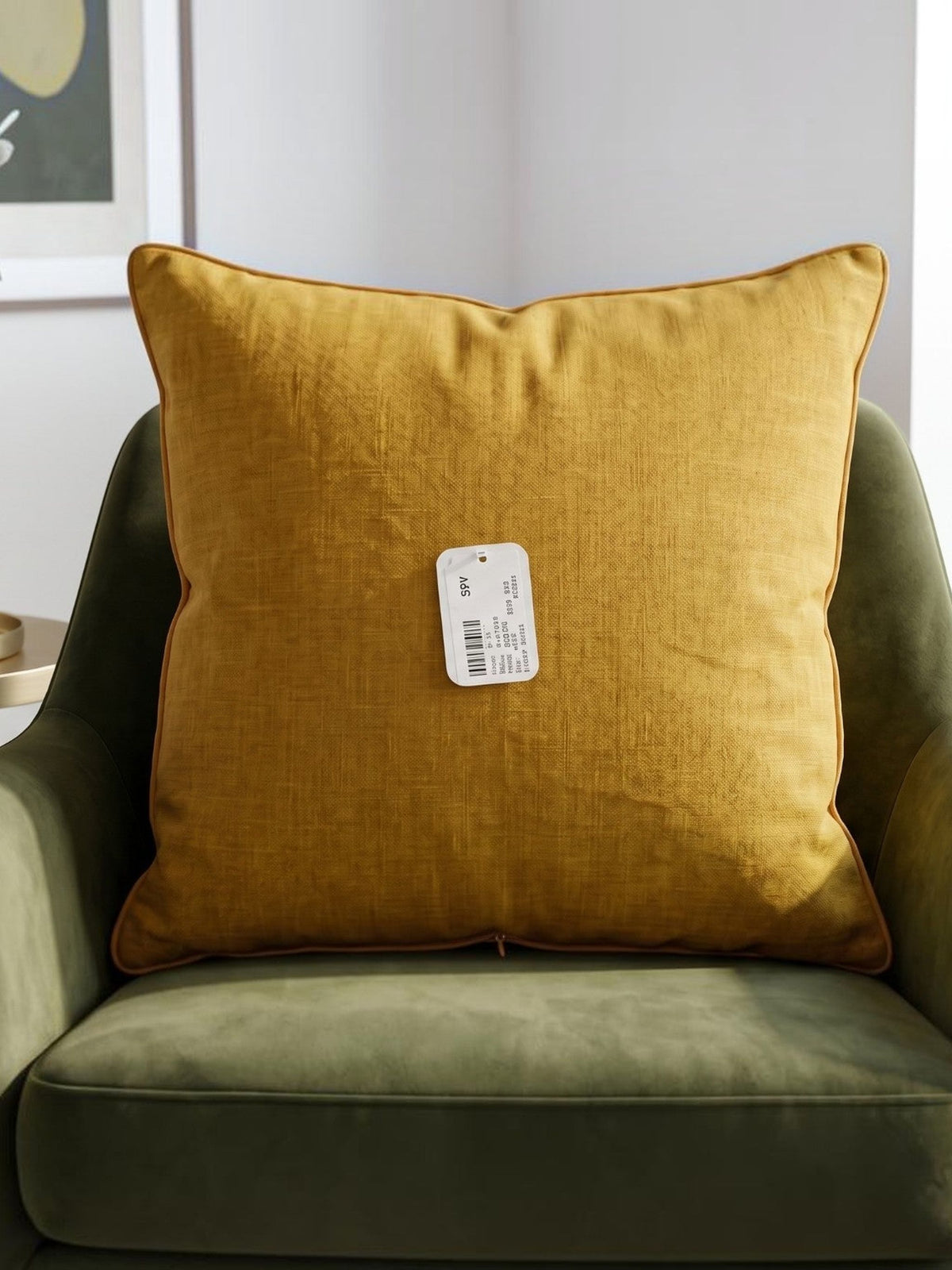 Green polysilk cushion cover with textured diagonal panel design and decorative button accents