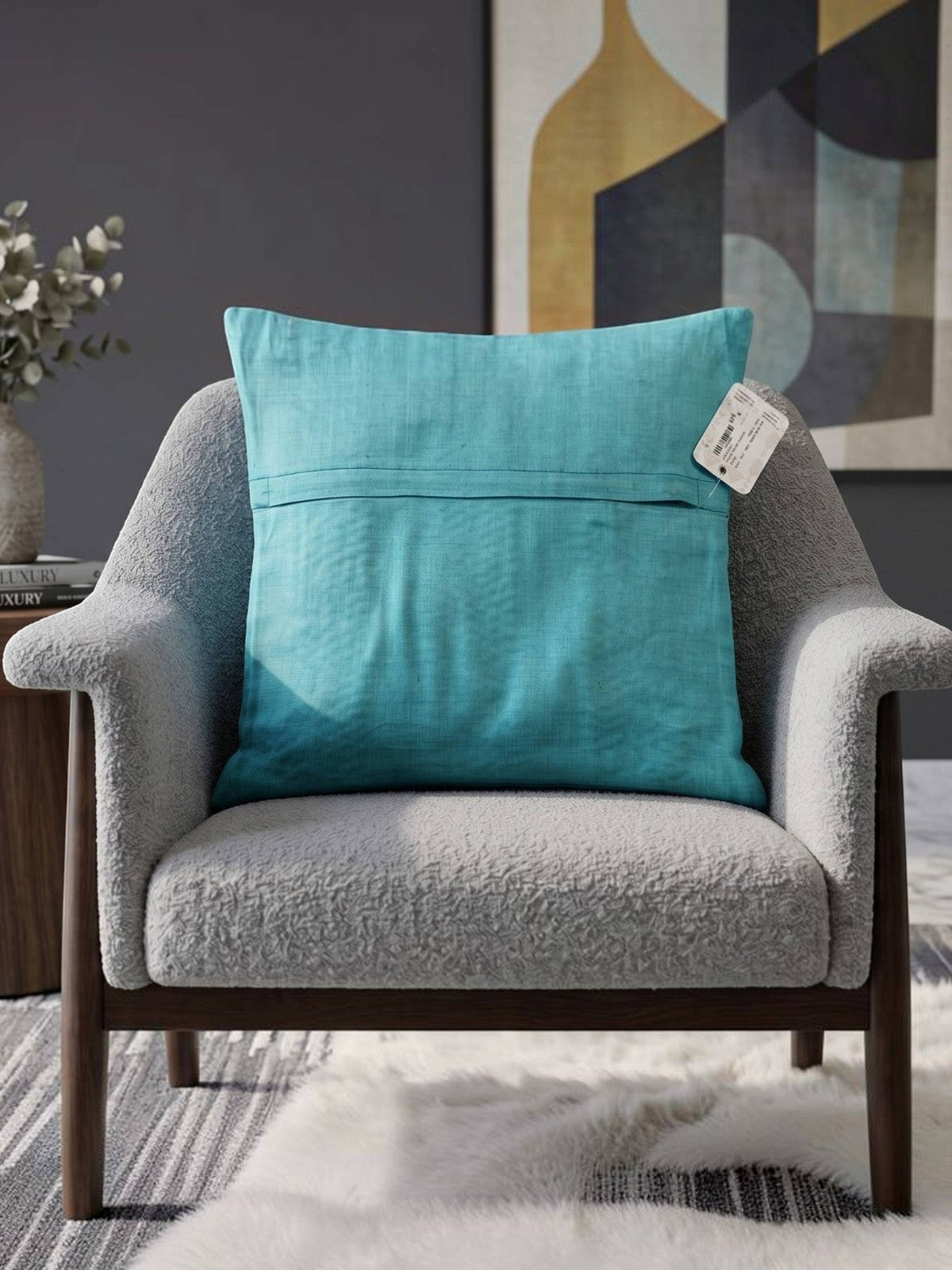 Blue pleated geometric poly silk cushion cover with textured designer pattern