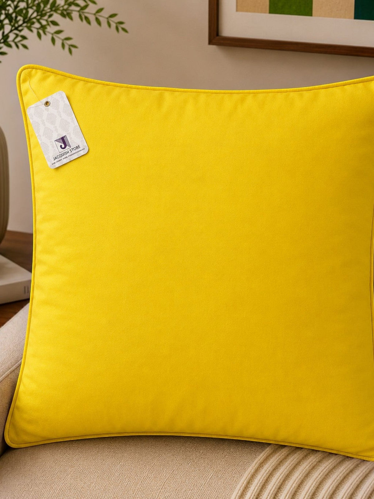 Yellow smiley printed cotton cushion cover with cheerful graphic design