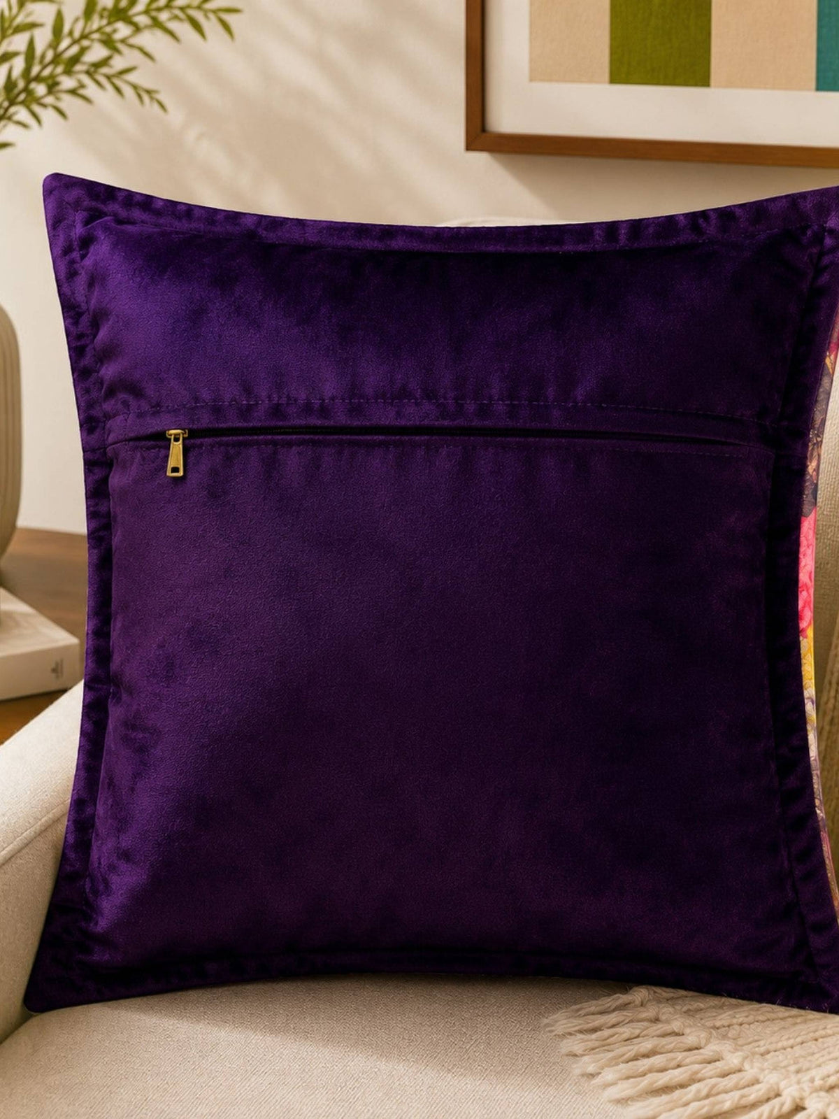 Purple velvet cushion cover with multicolor floral print design and vibrant roses