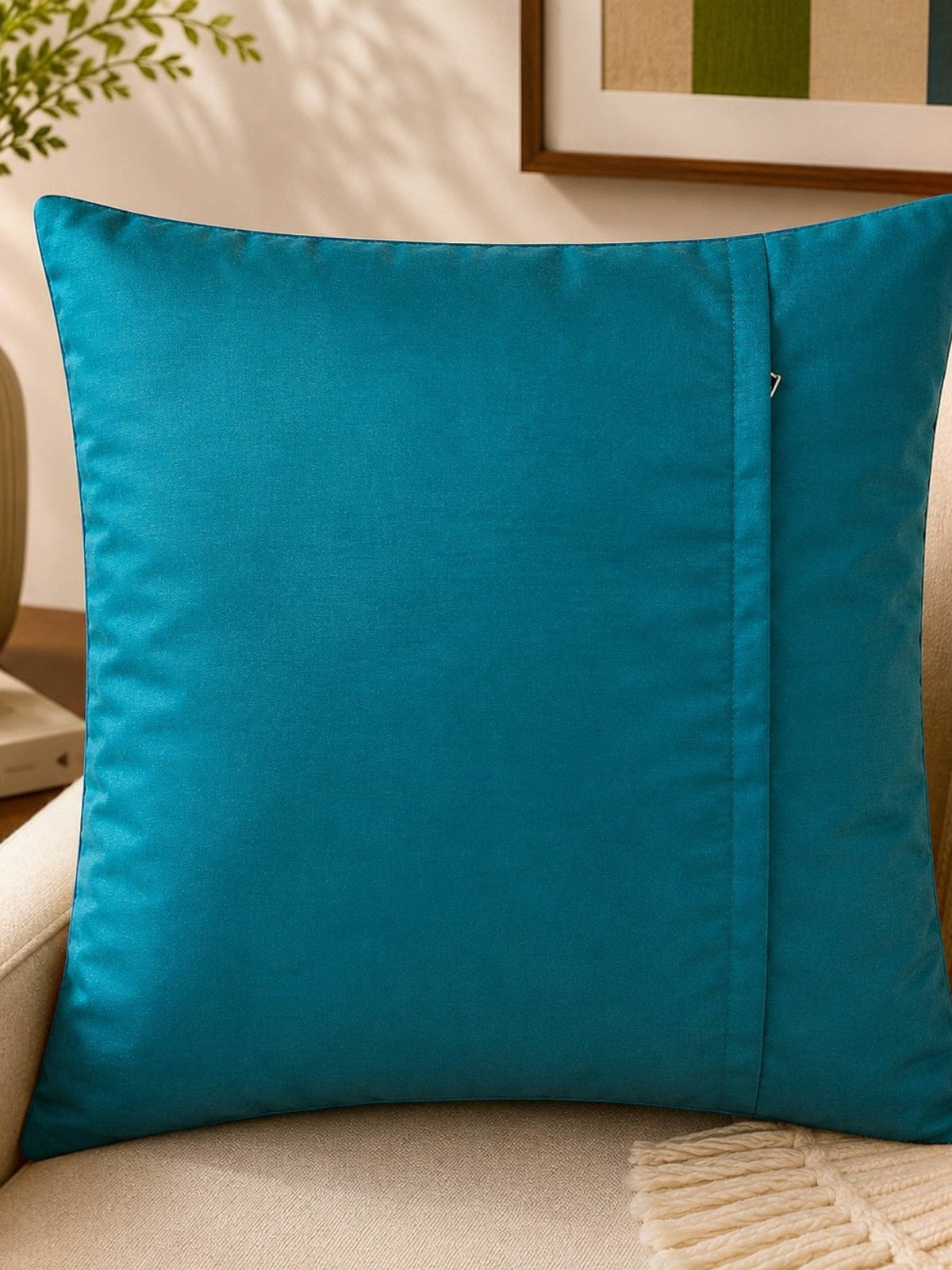 Teal blue patch work polysilk cushion cover with decorative stitched pattern