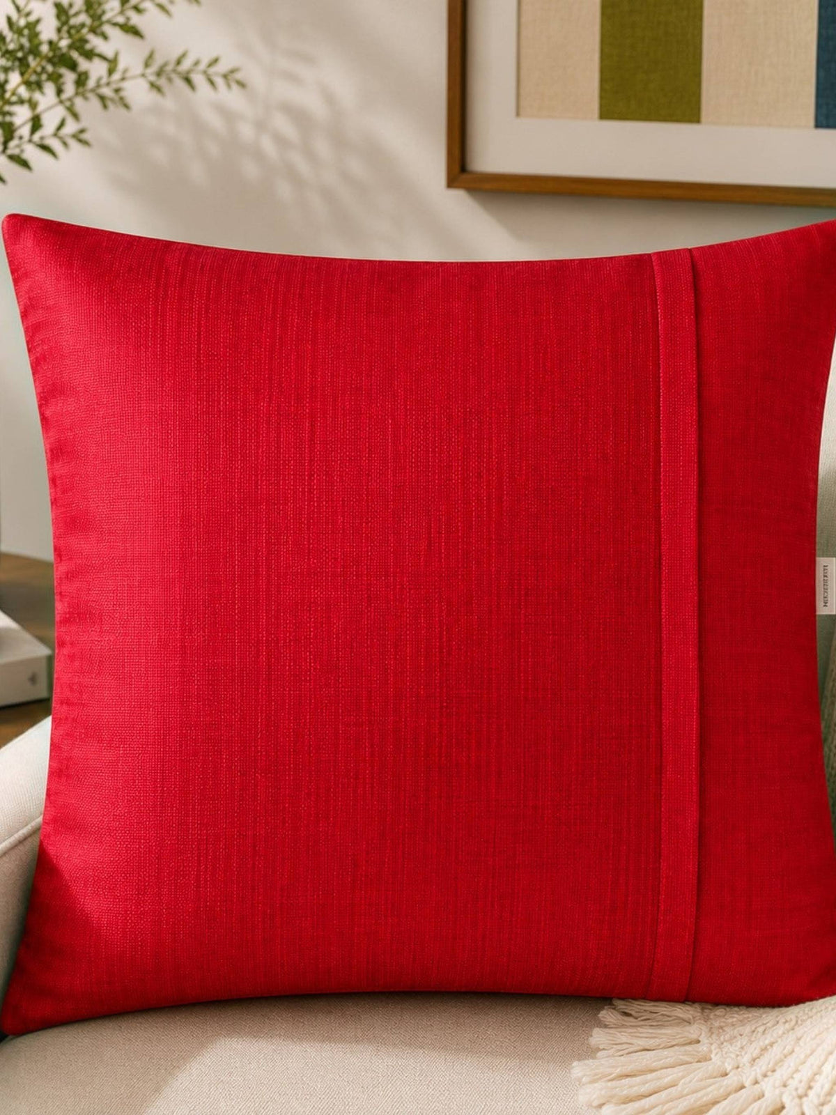 Red plain cotton cushion cover with textured fabric finish