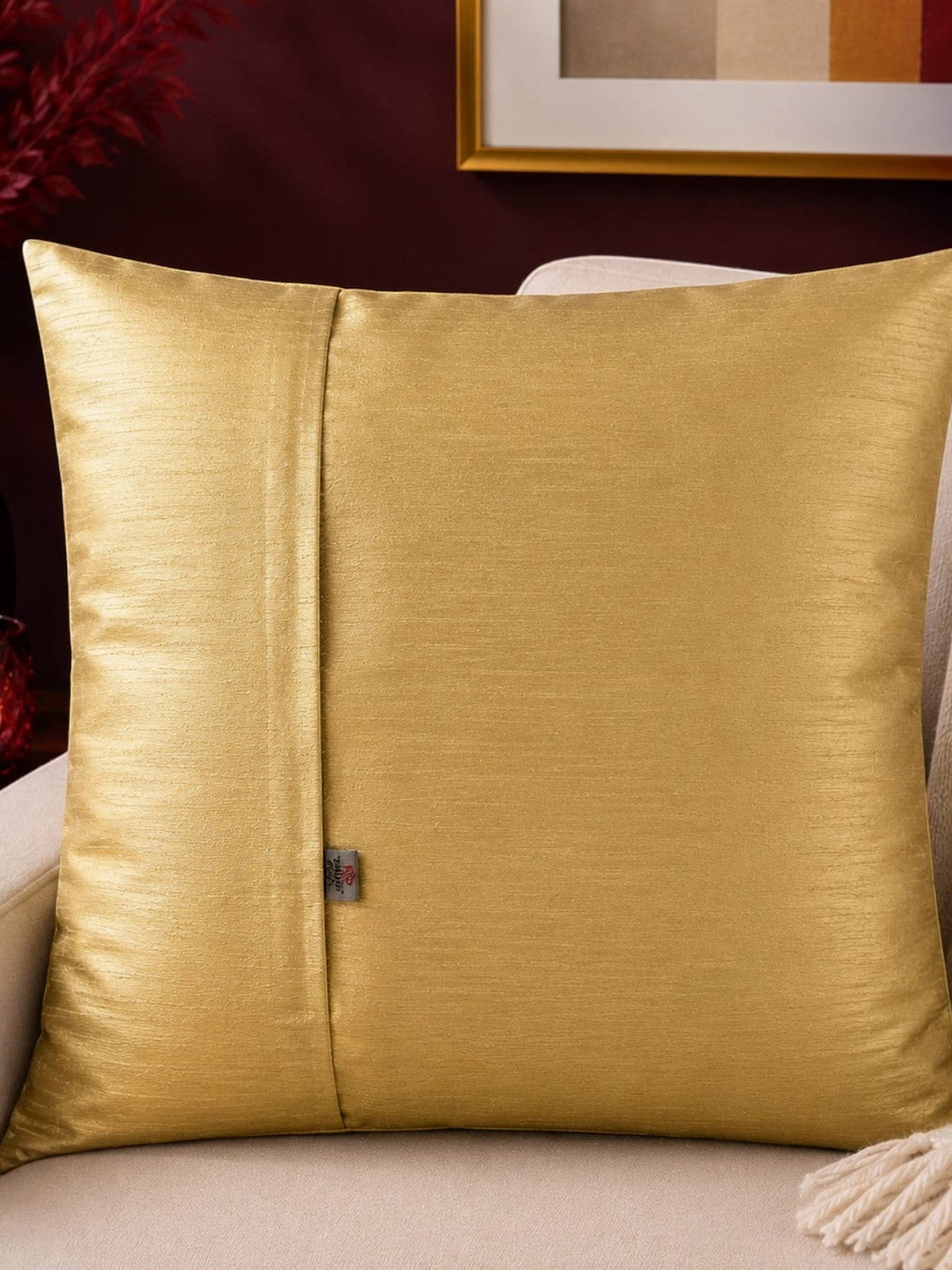 Gold plain polysilk cushion cover with concealed zipper closure