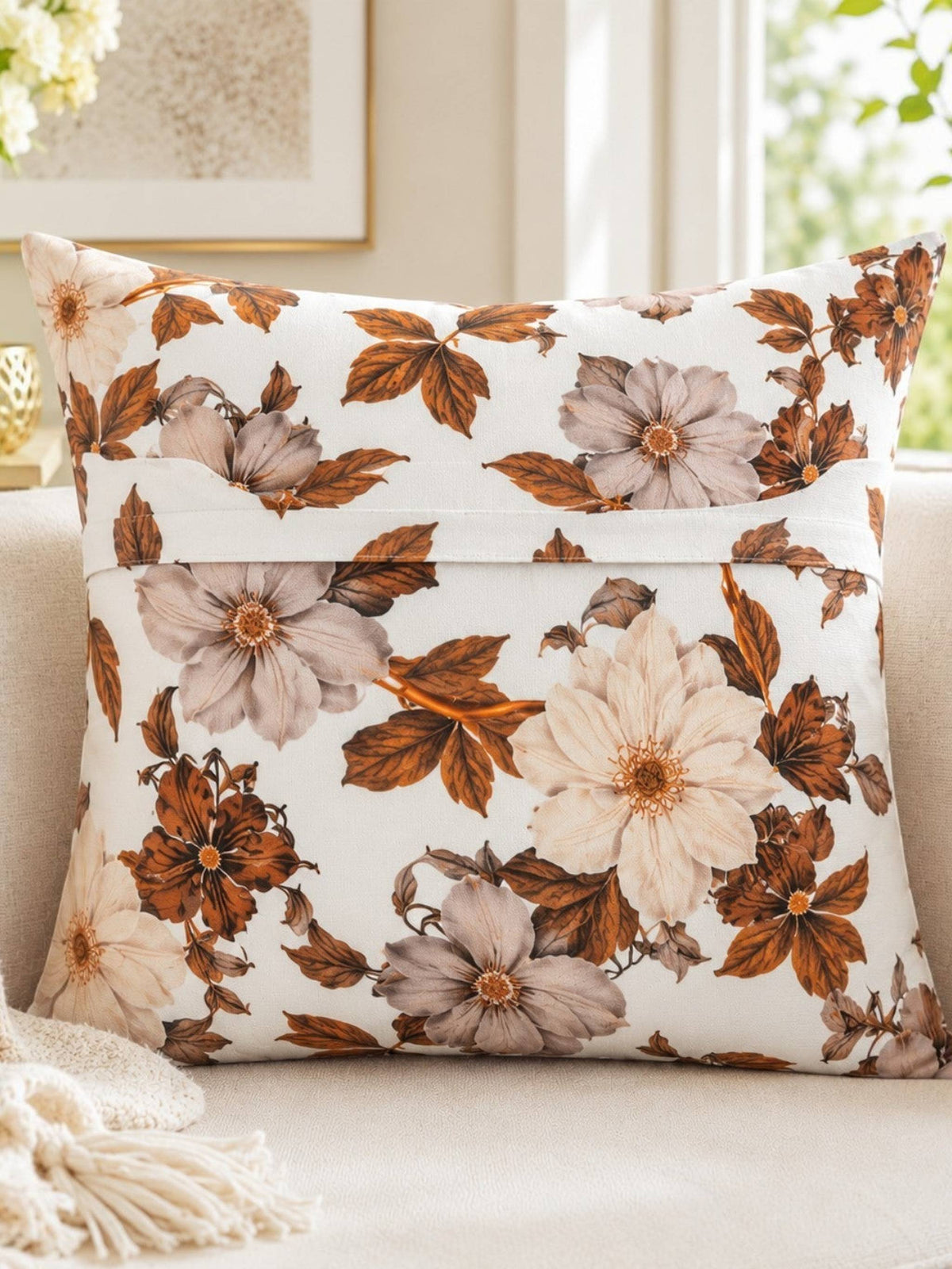 Floral printed polysilk cushion cover with botanical design