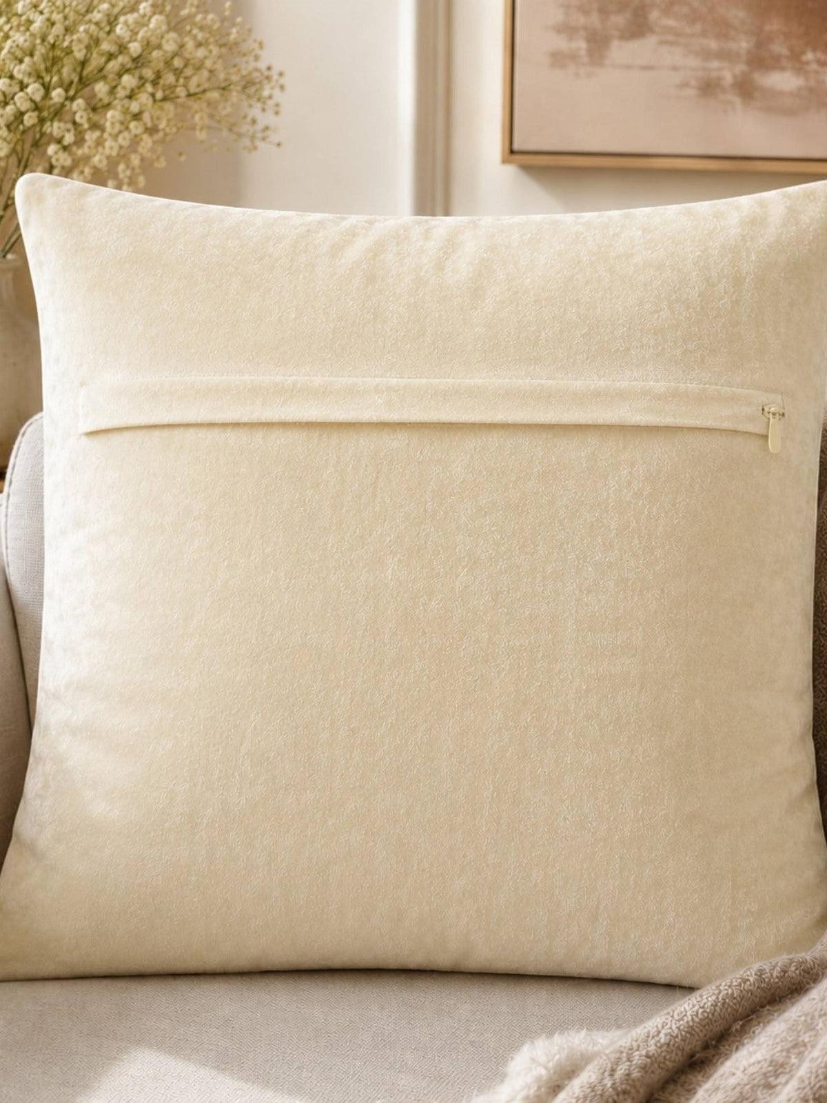 Jagdish Store off-white and brown velvet throw pillow cover with intricate damask embroidery and silver stitching.
