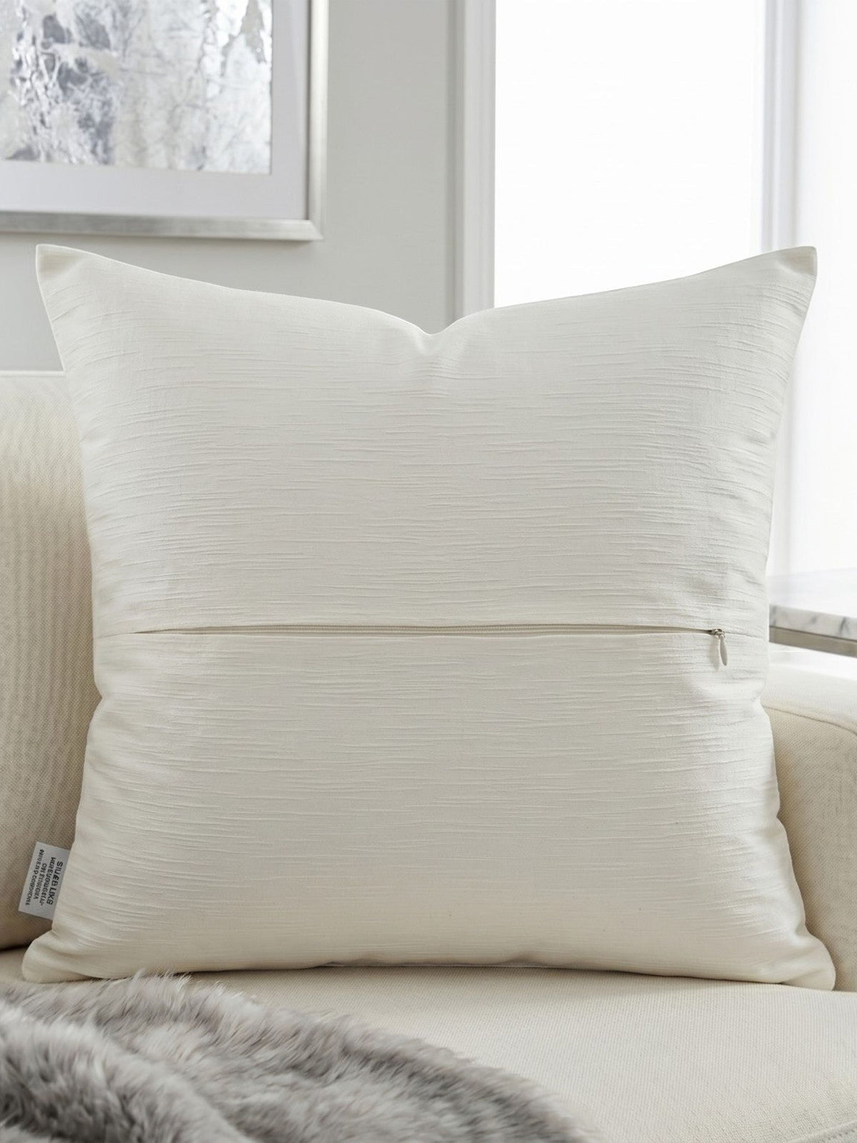 Jagdish Store cream throw pillow cover with staggered metallic silver faux leather rectangular accents for modern home decor.