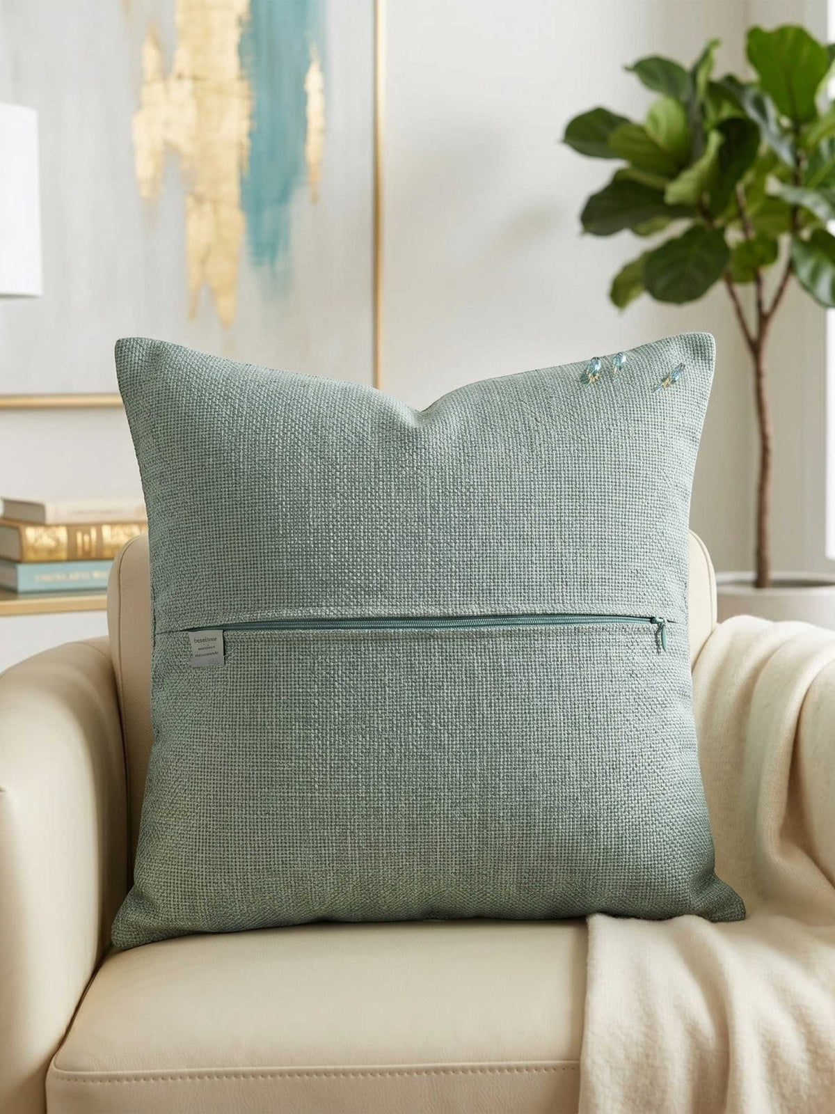 Jagdish Store teal velvet throw pillow cover with woven border and dangling crystal bead fringe trim.
