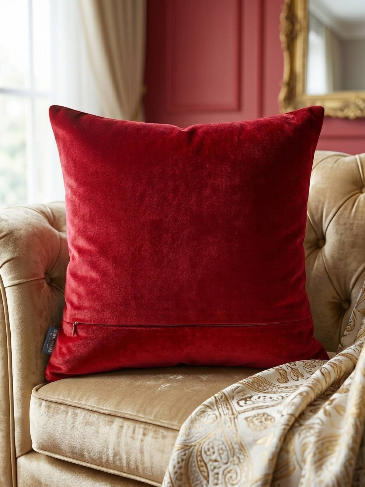 Jagdish Store red velvet cushion cover featuring a hand-embellished crown motif with faux pearls and gold accents.