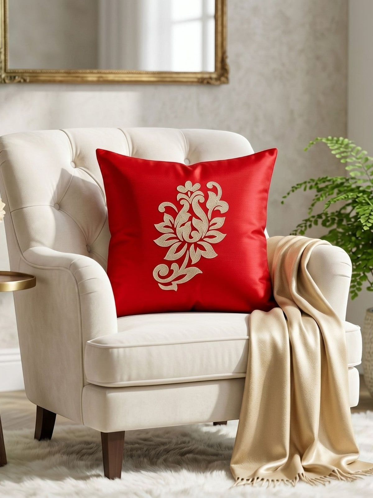 Red velvet cushion cover with gold floral embroidery design 16x16 inch
