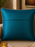 Jagdish Store teal decorative cushion cover with gold sequins and clear bead embellishments in a geometric pattern.